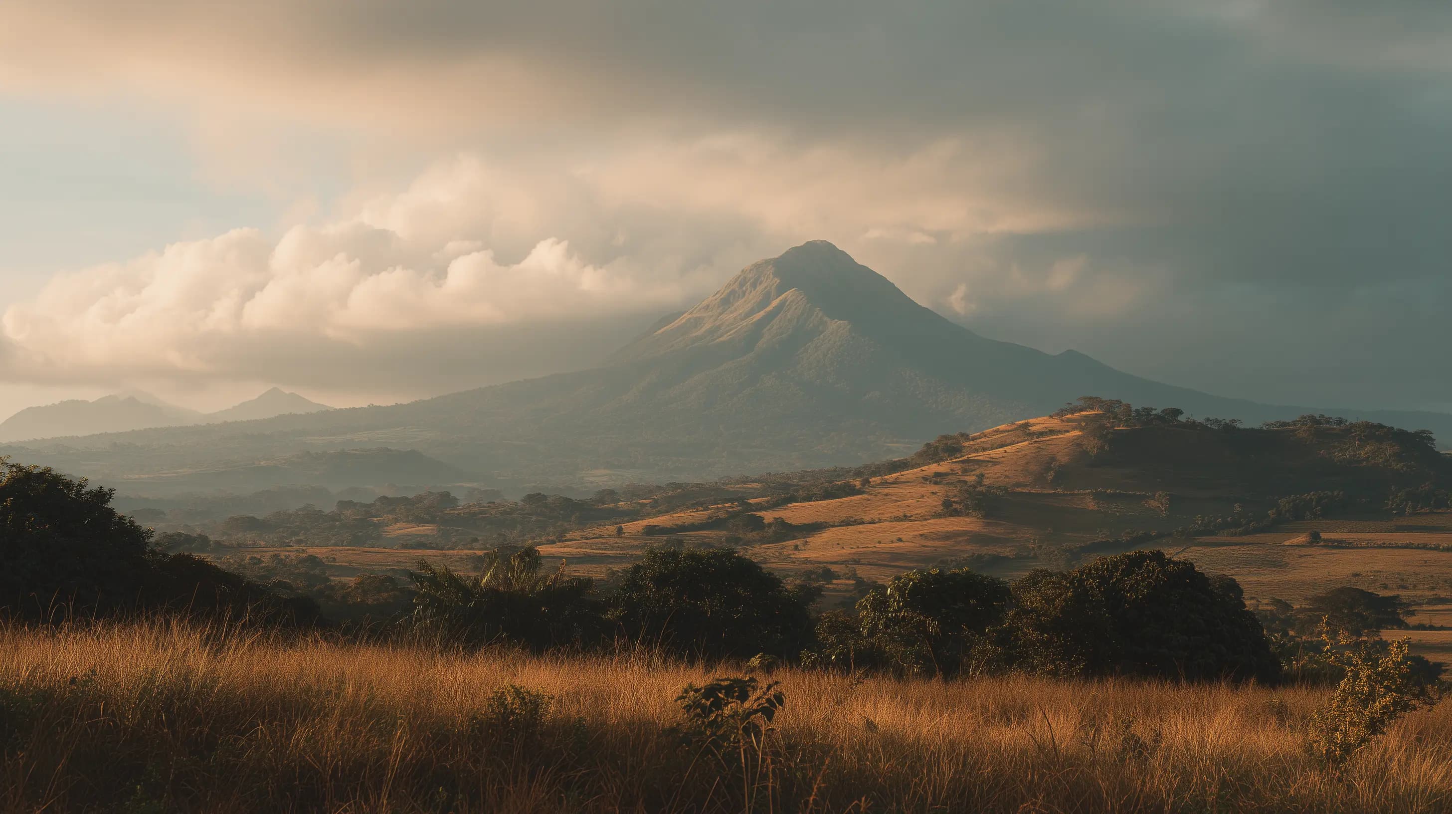 Chiricui highlands landscape with Volcan Baru at golden hour.