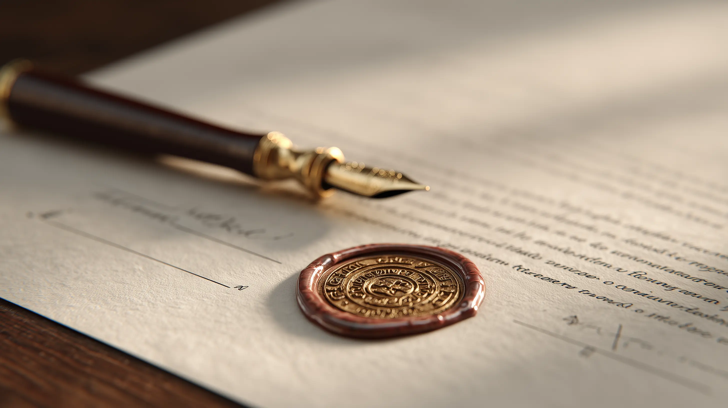 Notary seal and fountain pen on a formal legal document.
